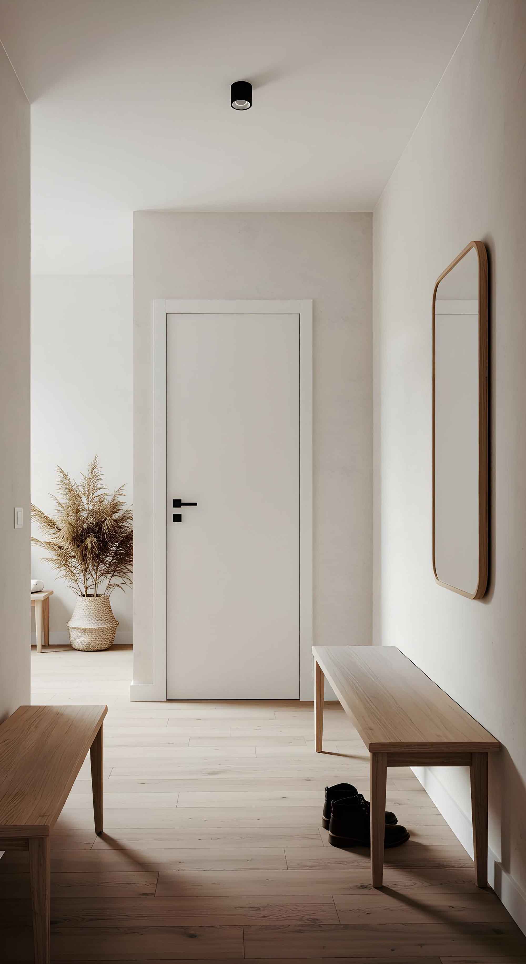 Interior minimalista del pasillo con banco de madera y espejo en fuengirola